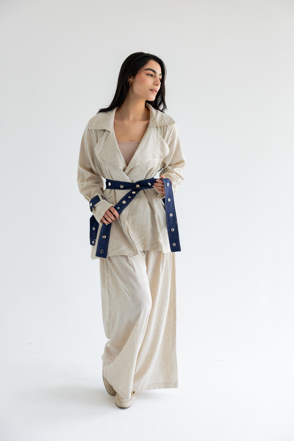 Linen & Denim Belted Set – Beige