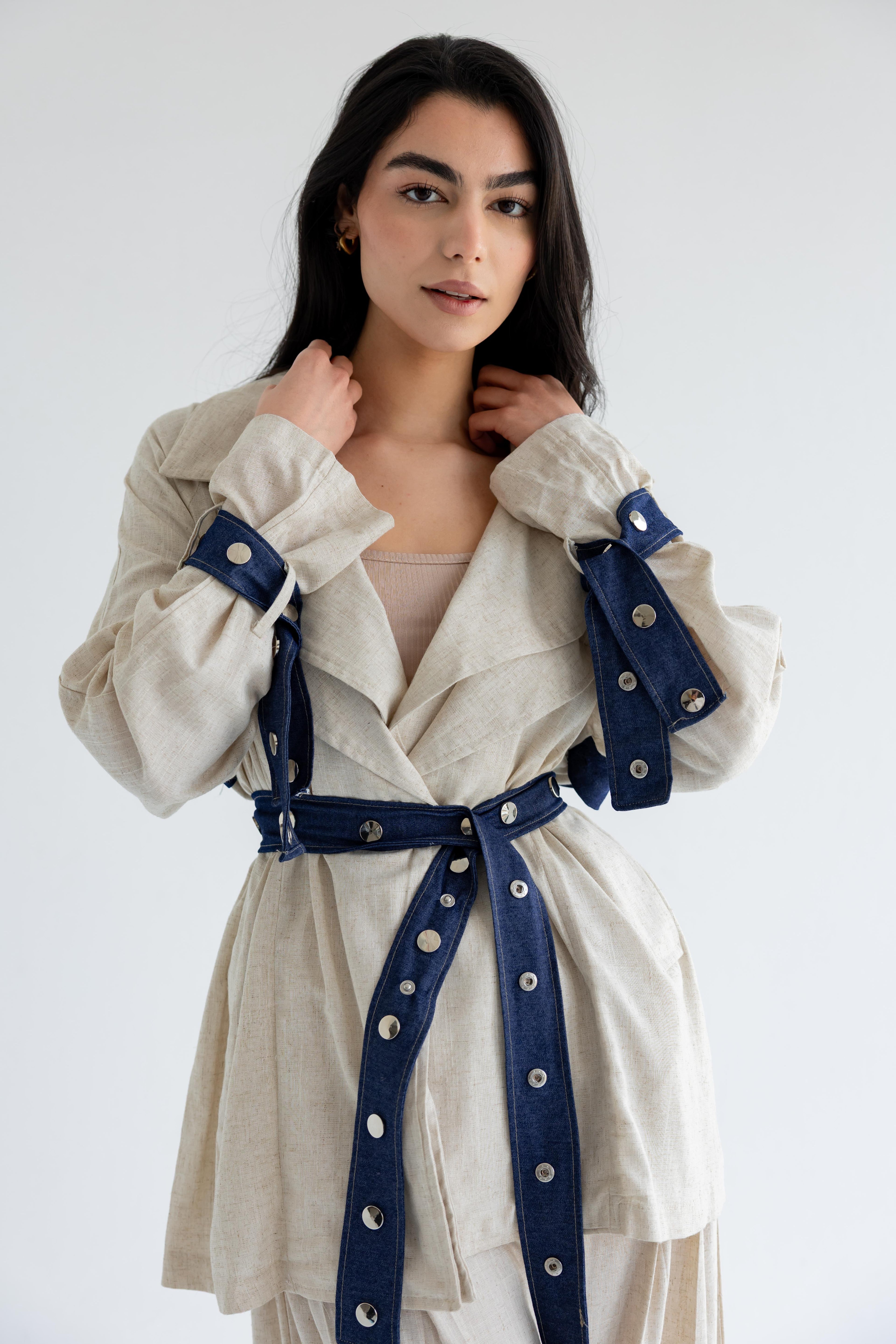 Linen & Denim Belted Set – Beige