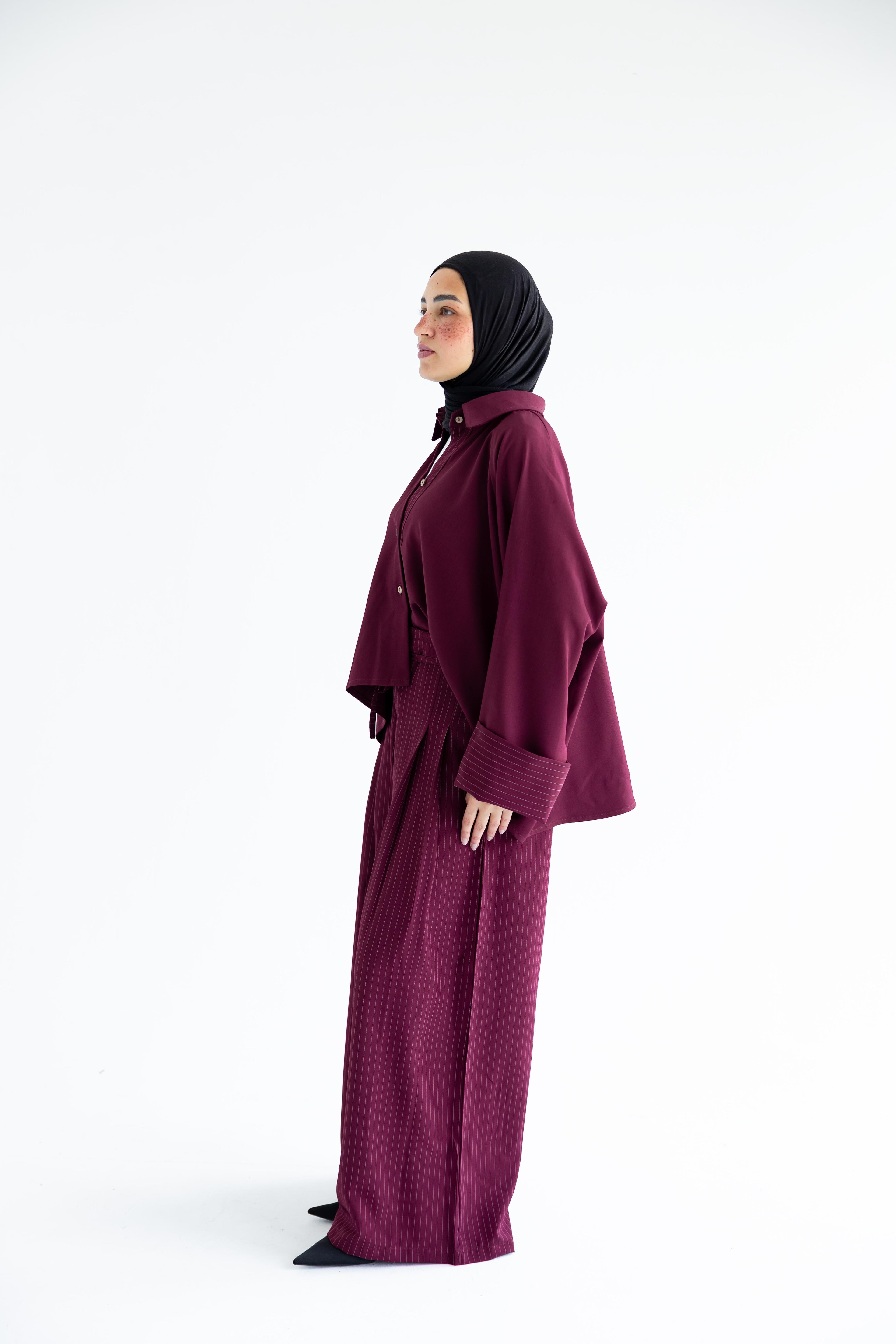 Pinstriped set in anti-wrinkle Linen TR - Burgundy