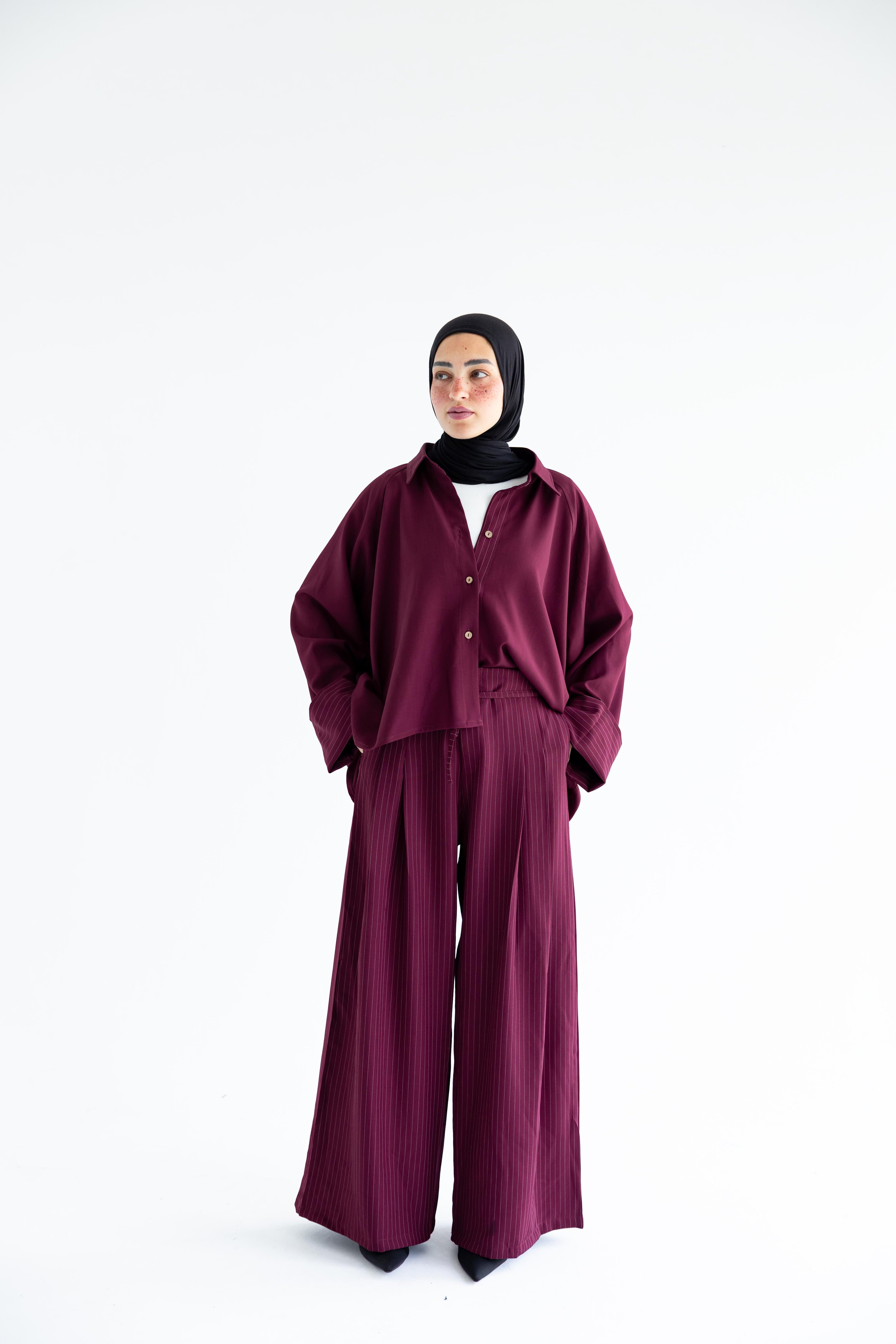 Pinstriped set in anti-wrinkle Linen TR - Burgundy