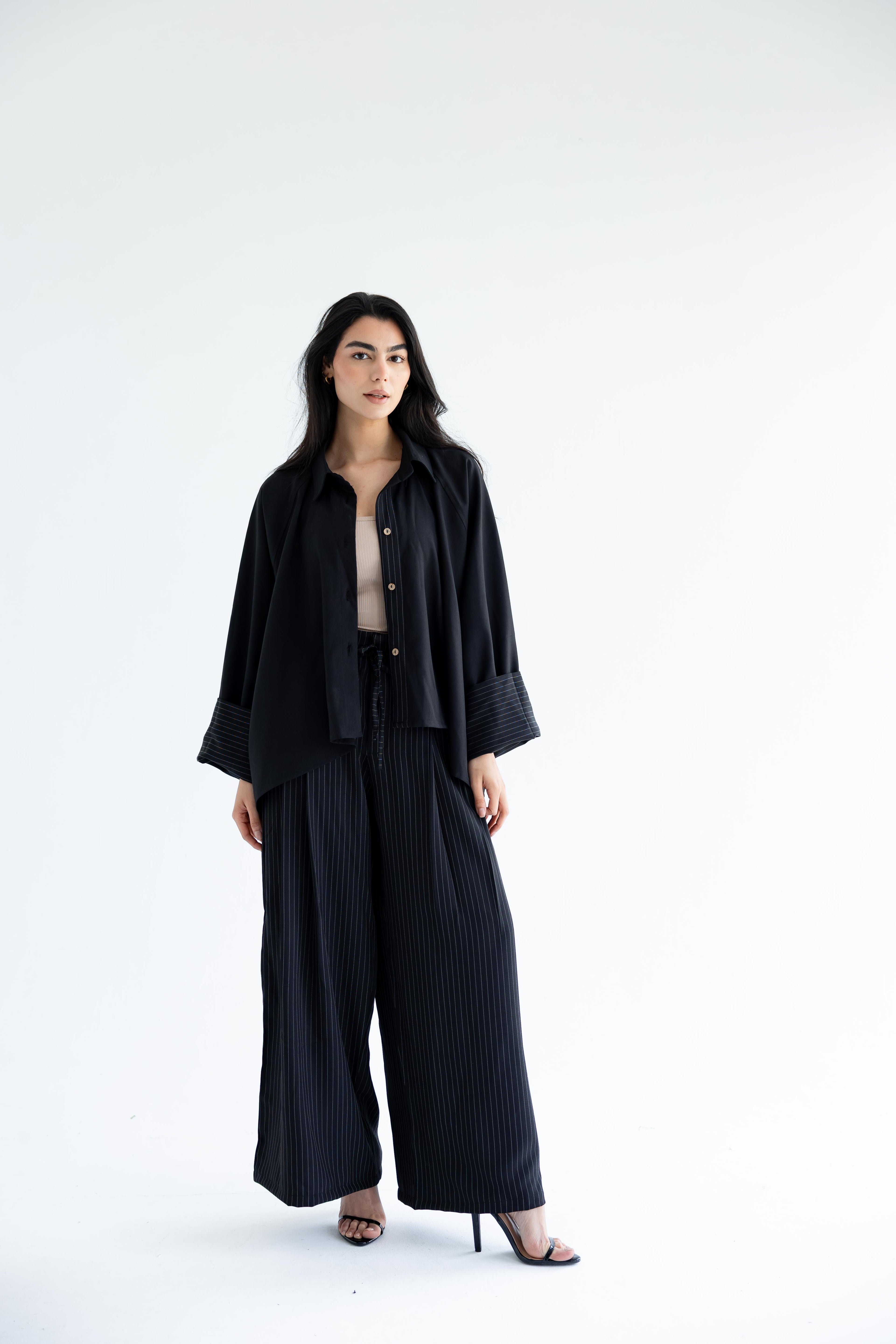 Pinstriped set in anti-wrinkle Linen TR - Black