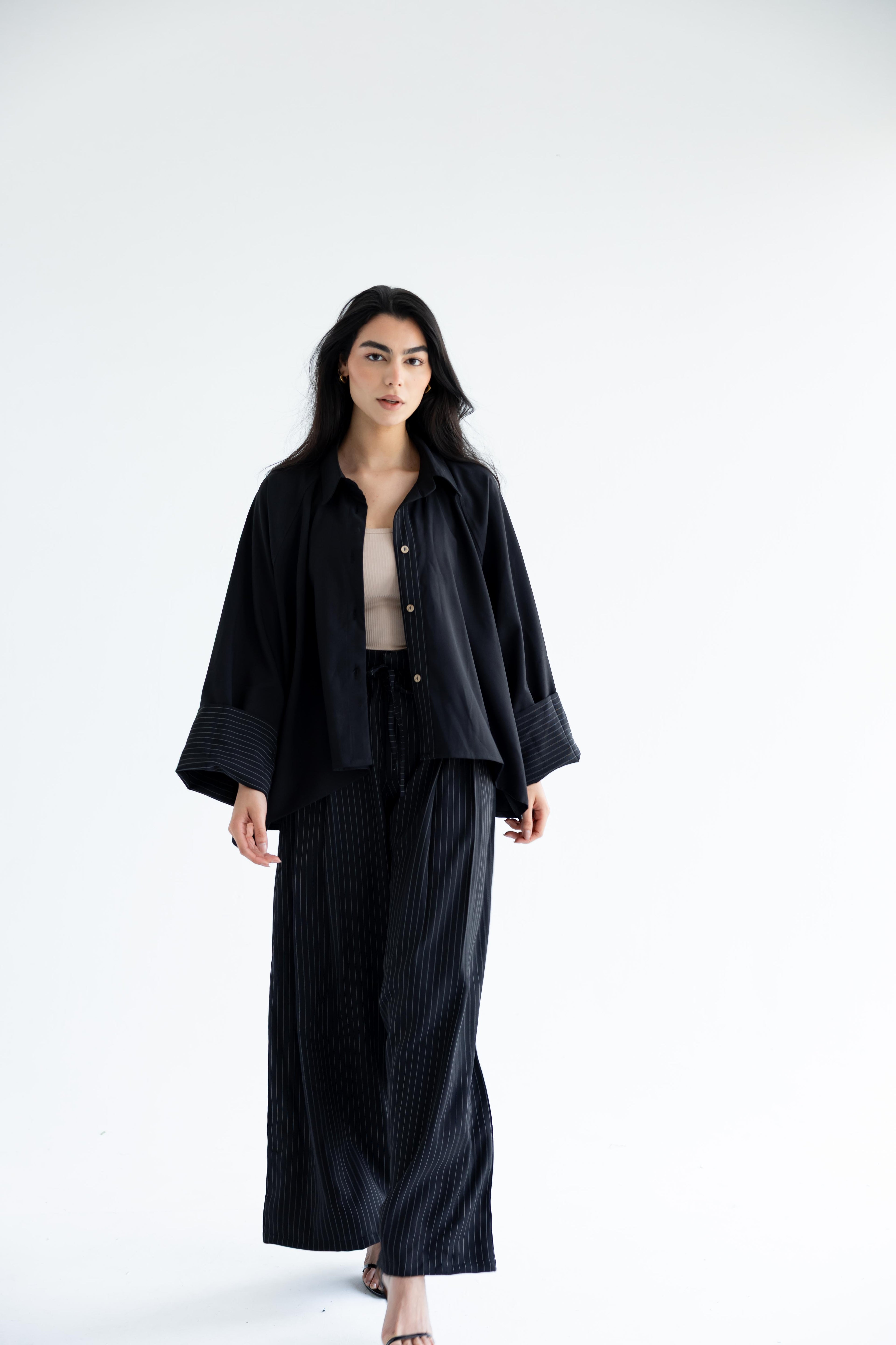 Pinstriped set in anti-wrinkle Linen TR - Black