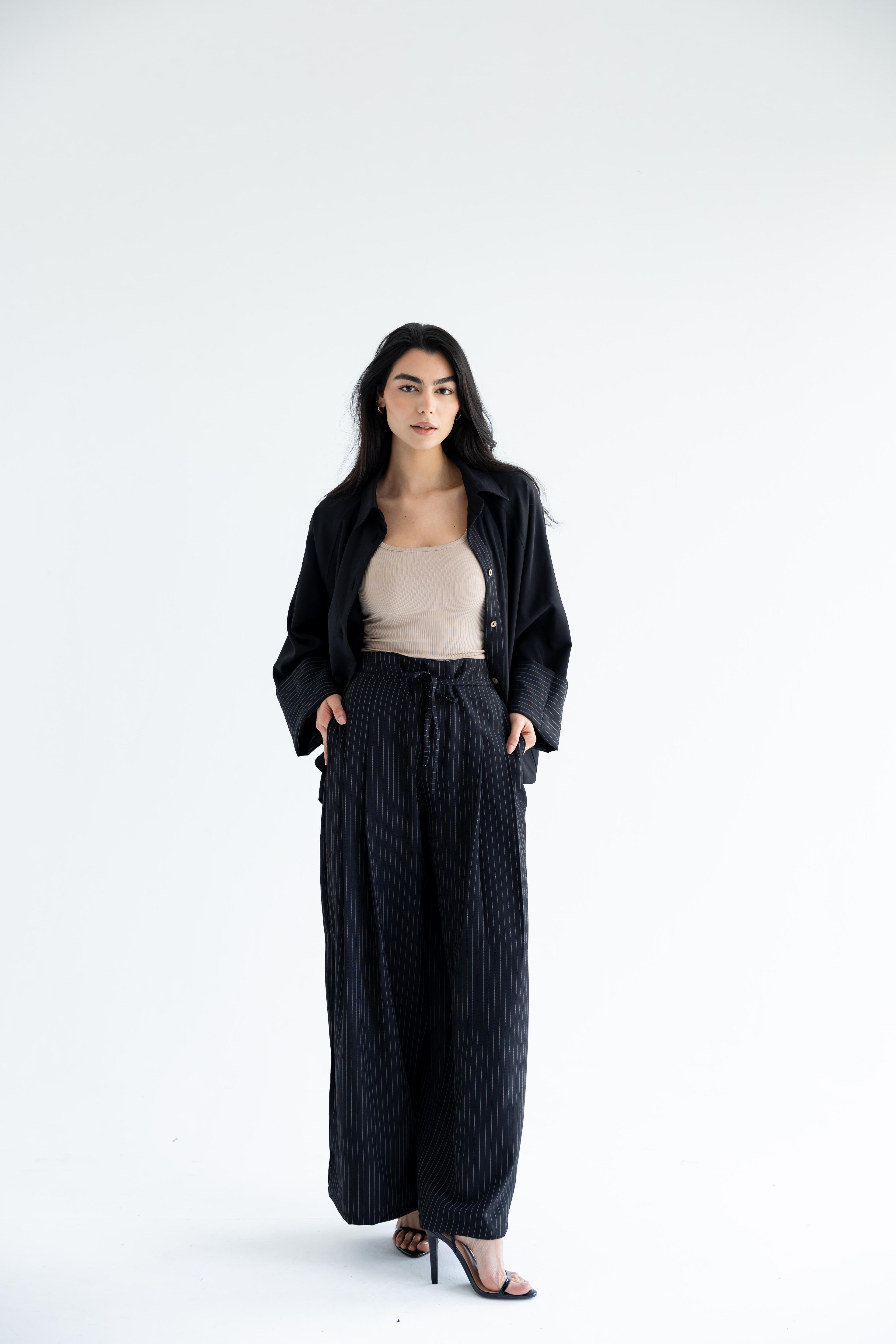 Pinstriped set in anti-wrinkle Linen TR - Black