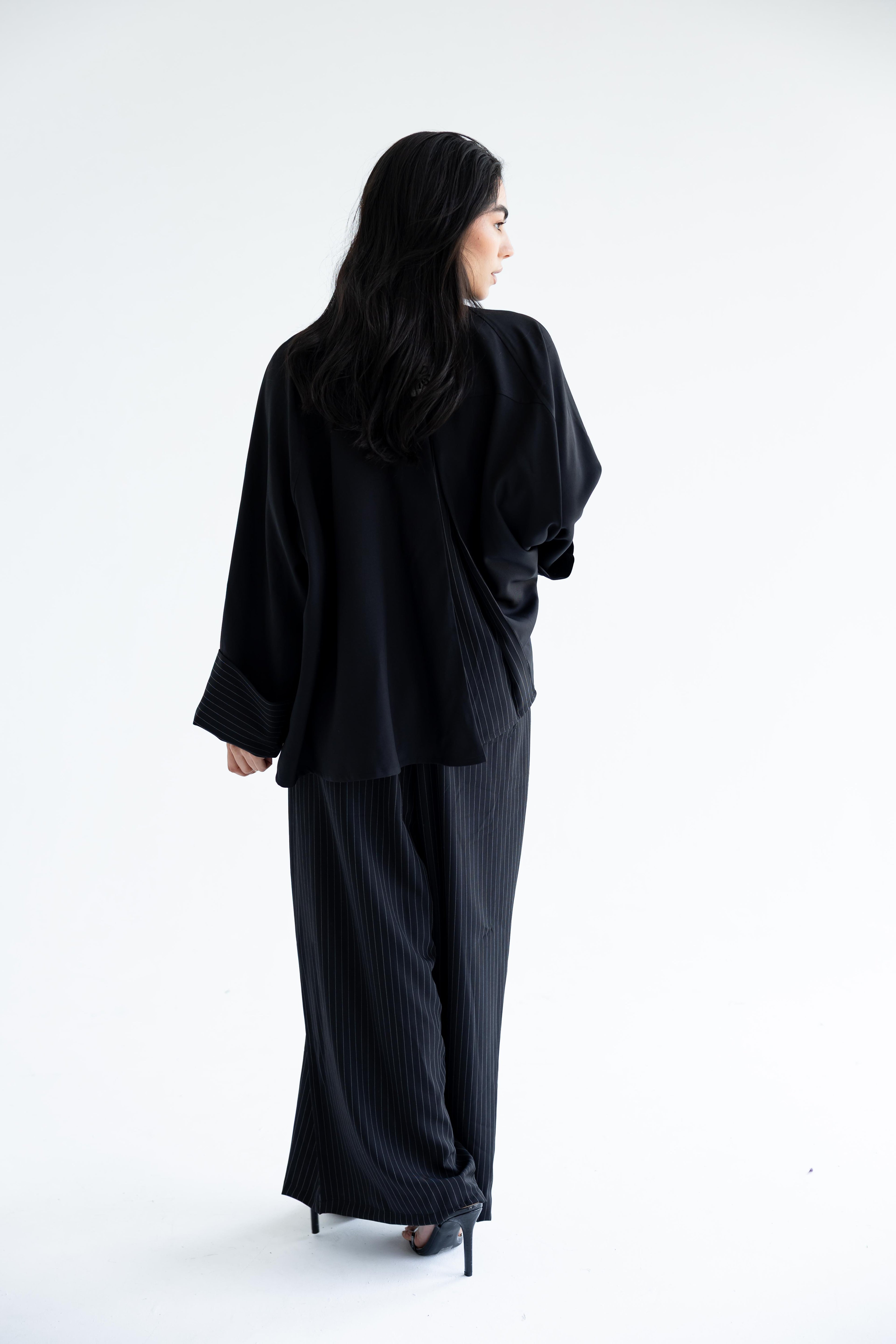 Pinstriped pant in anti-wrinkle Linen TR - Black