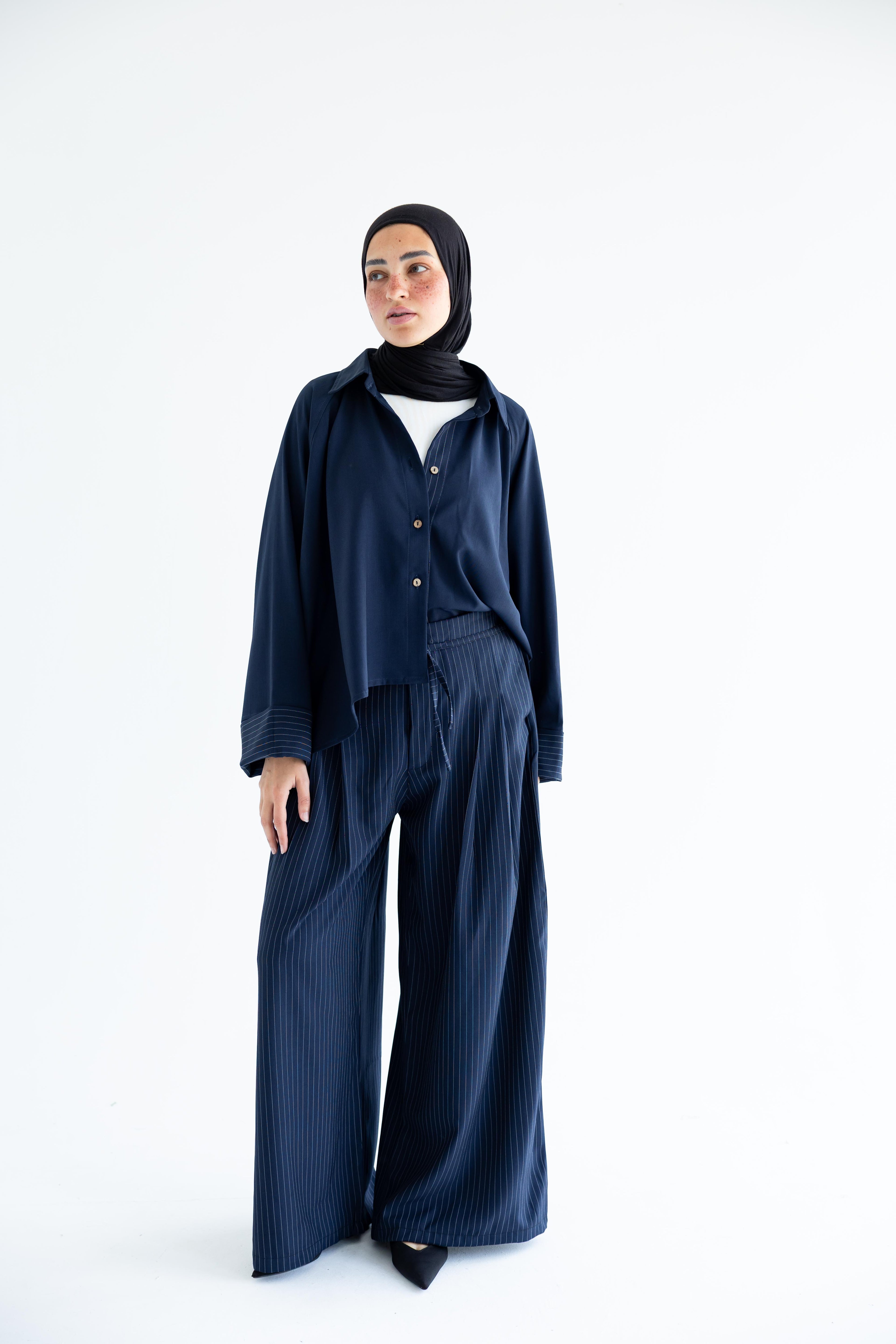 Pinstriped set in anti-wrinkle Linen TR - Navy
