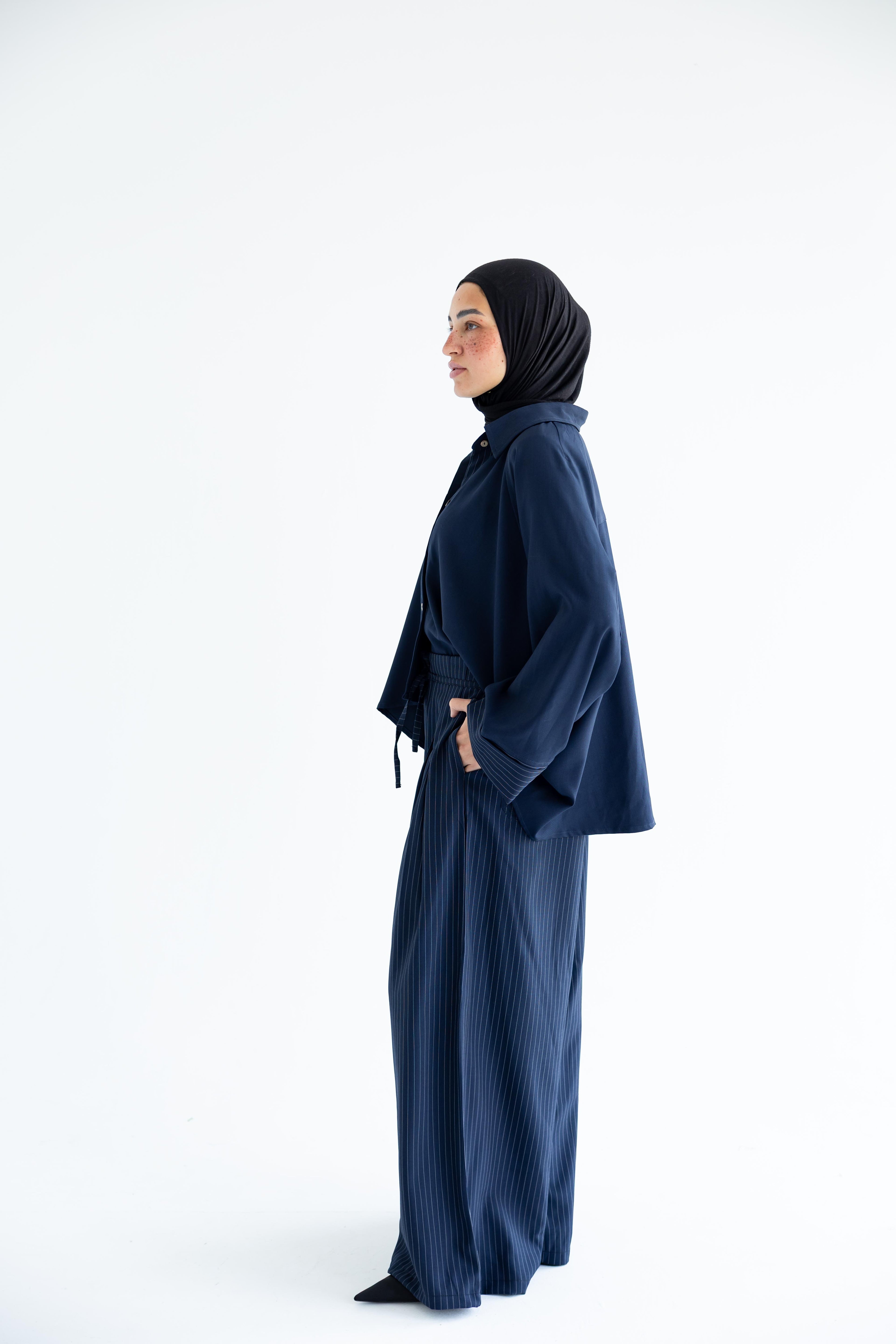 Pinstriped set in anti-wrinkle Linen TR - Navy