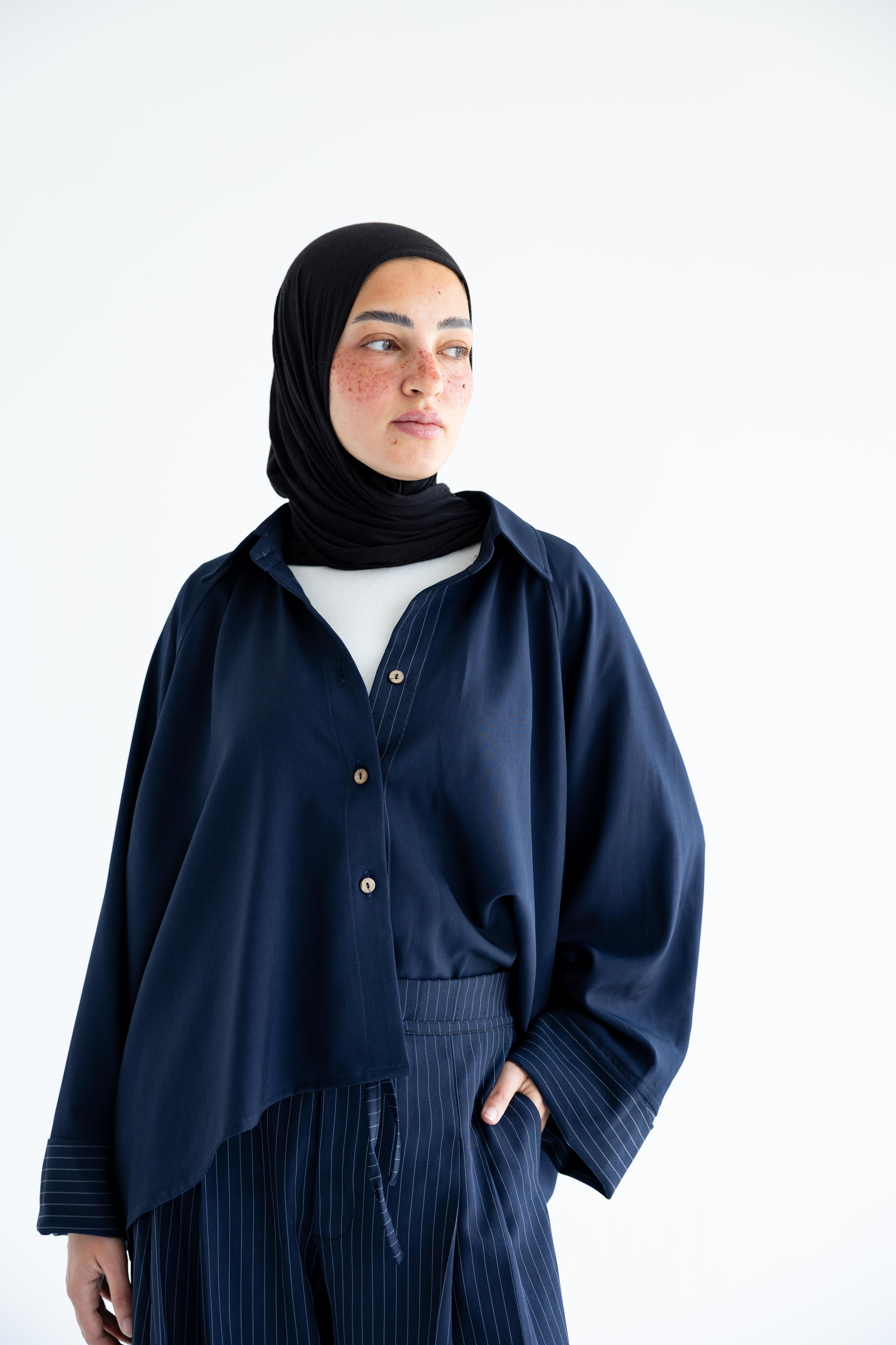 Pinstriped set in anti-wrinkle Linen TR - Navy