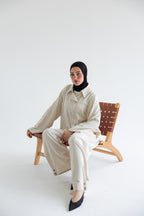Embroidered floral set in linen - Beige