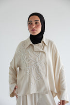 Embroidered floral set in linen - Beige