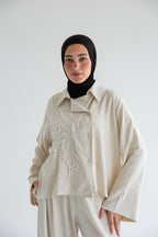 Embroidered floral set in linen - Beige