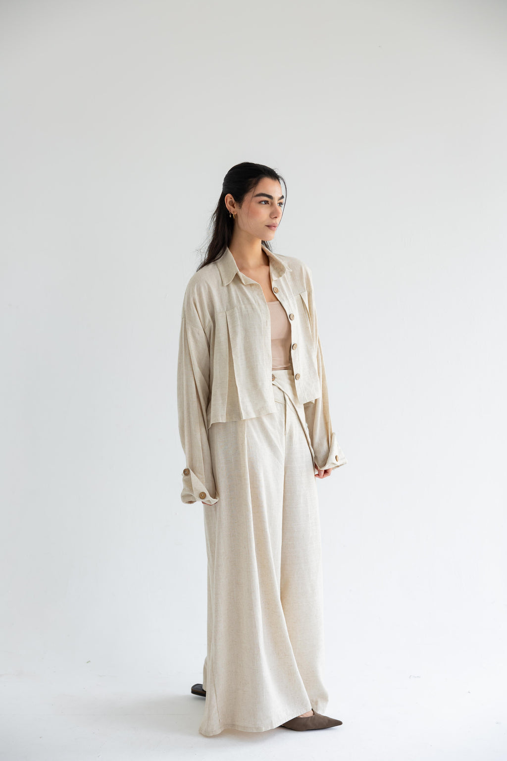 Cropped set in relaxed linen - Beige
