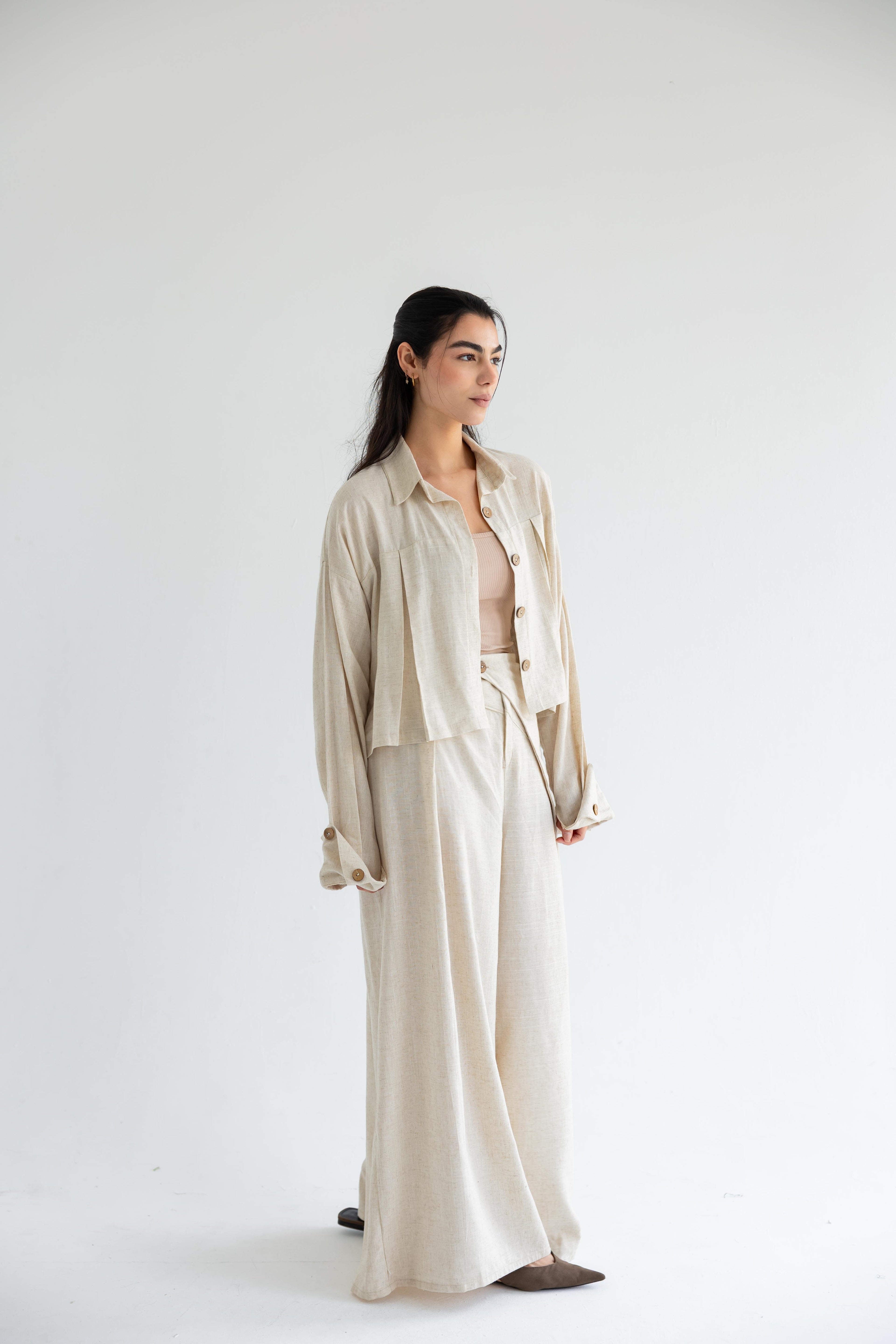 Cropped set in relaxed linen - Beige