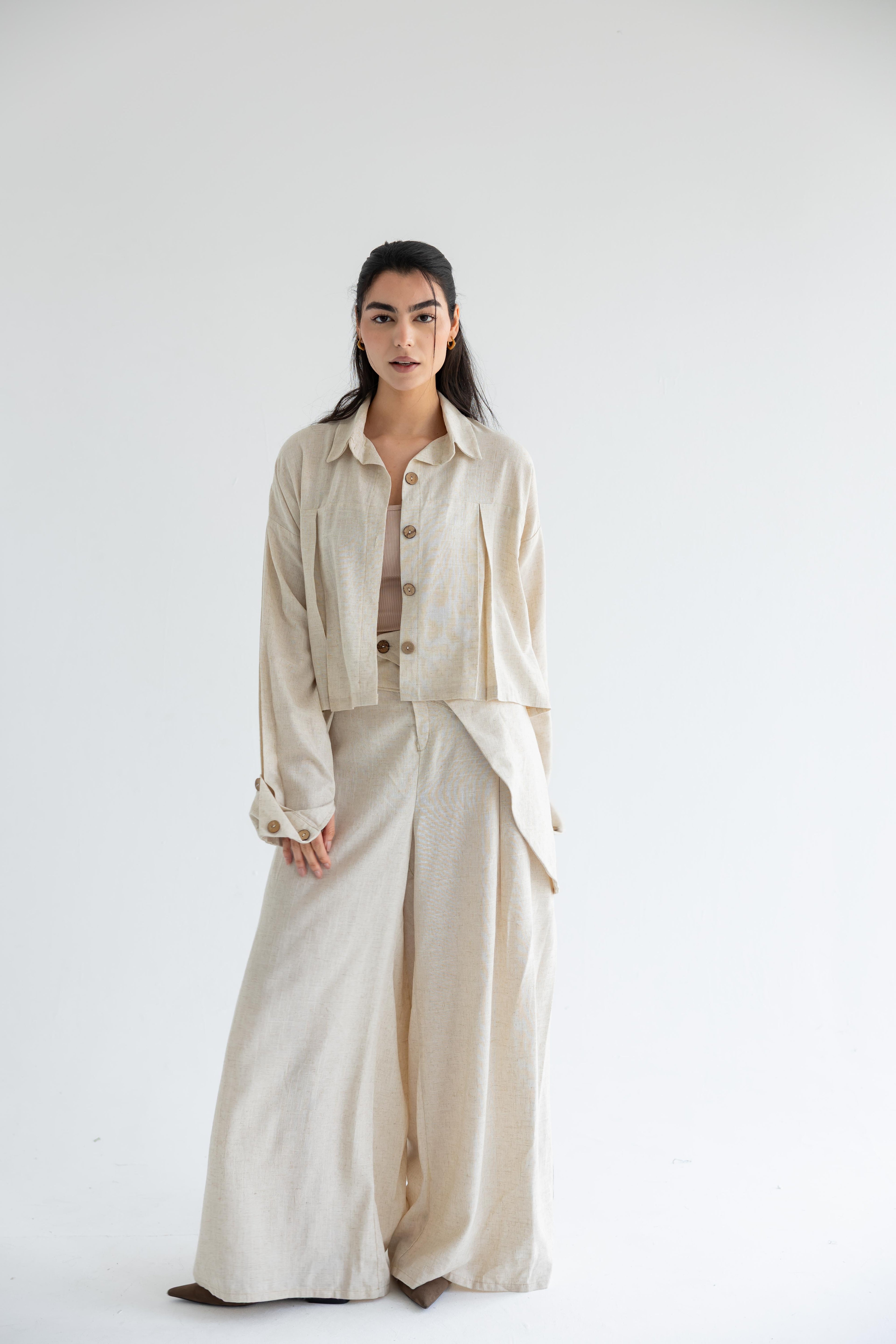 Cropped set in relaxed linen - Beige
