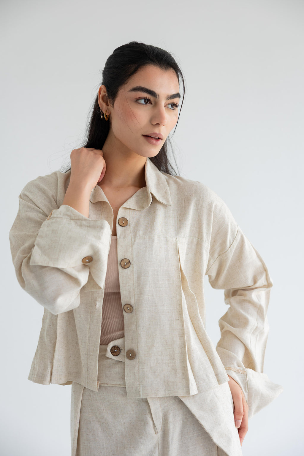 Cropped set in relaxed linen - Beige