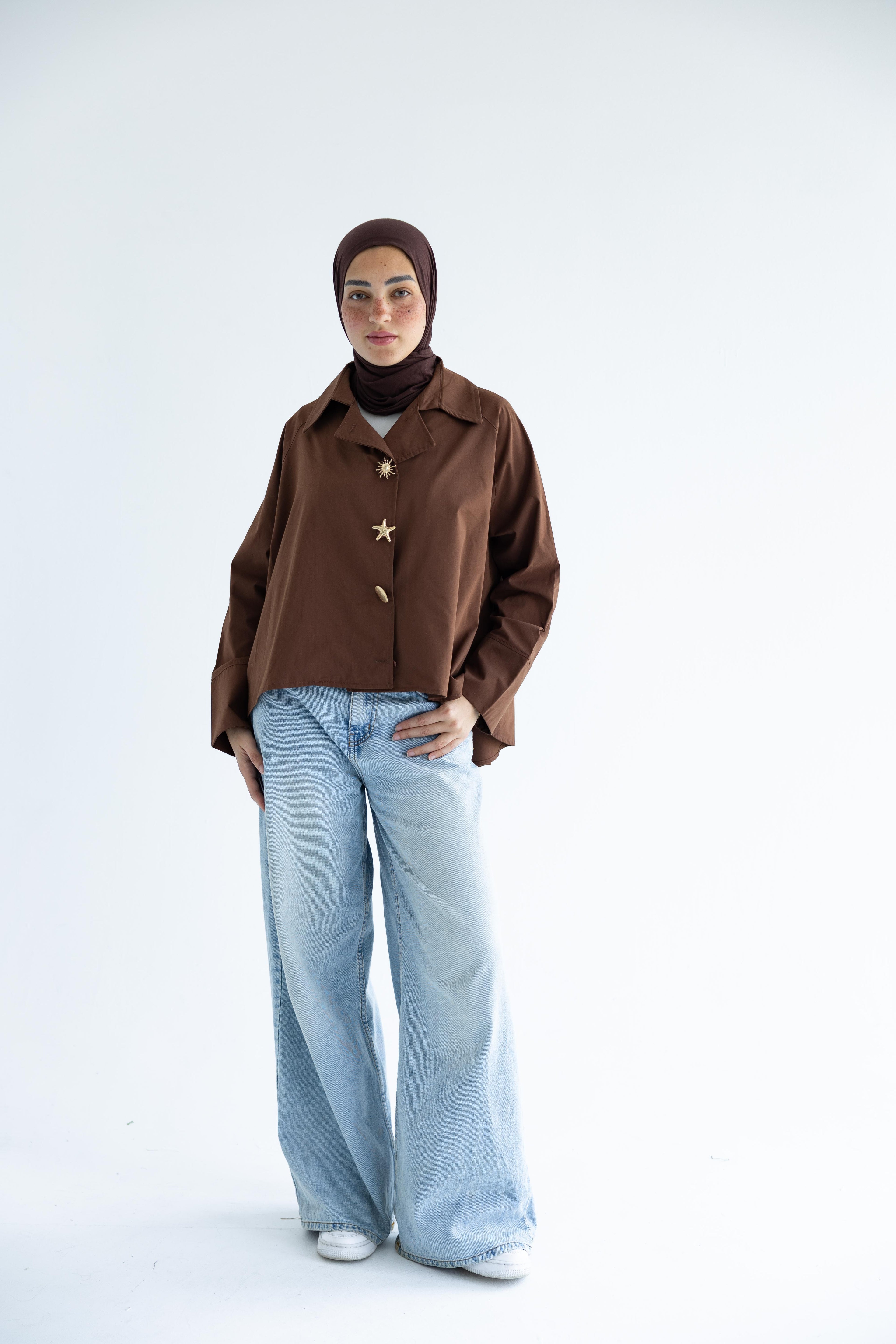 Oversized button-up shirt in cotton poplin – Chocolate brown