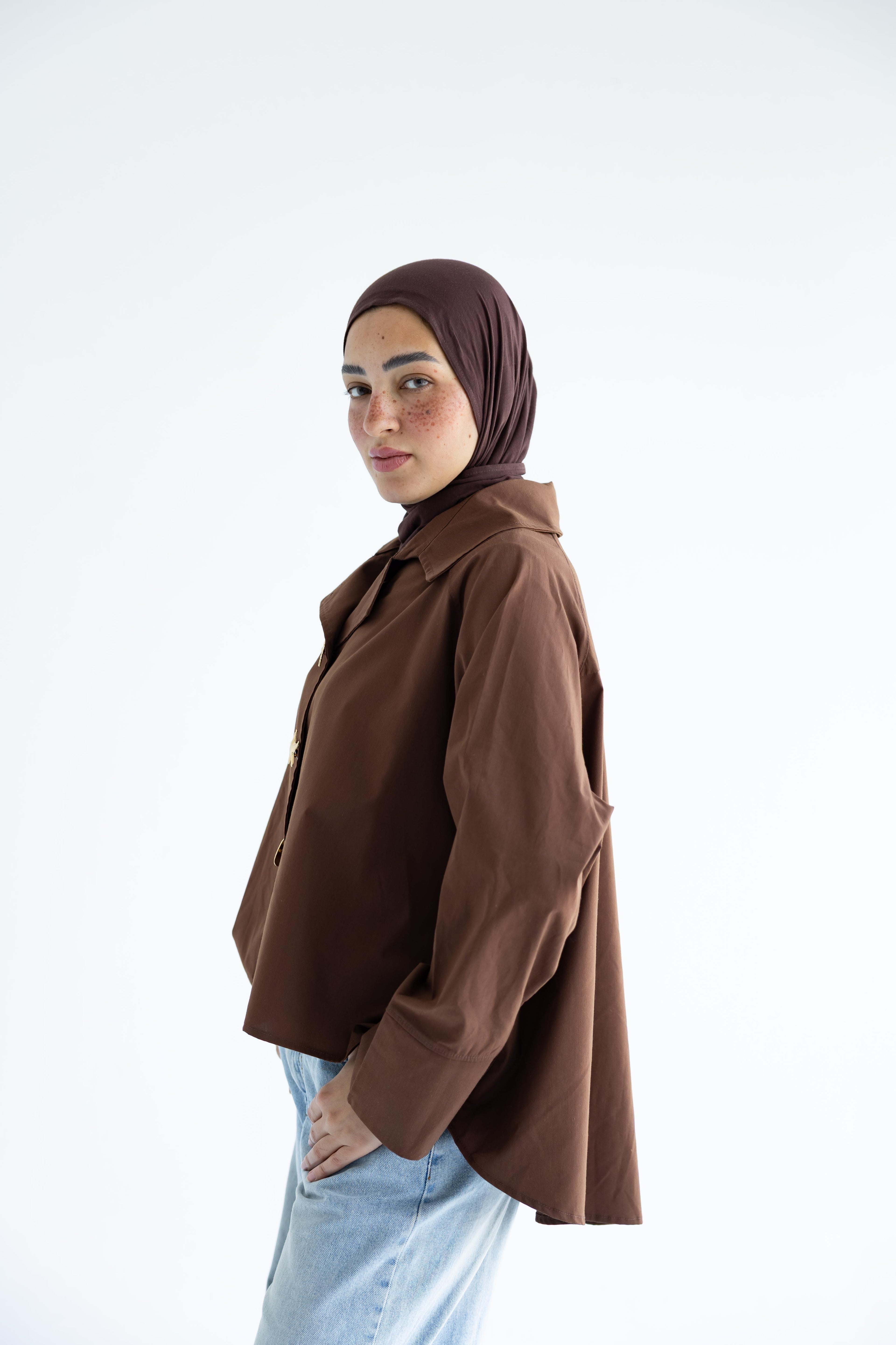 Oversized button-up shirt in cotton poplin – Chocolate brown