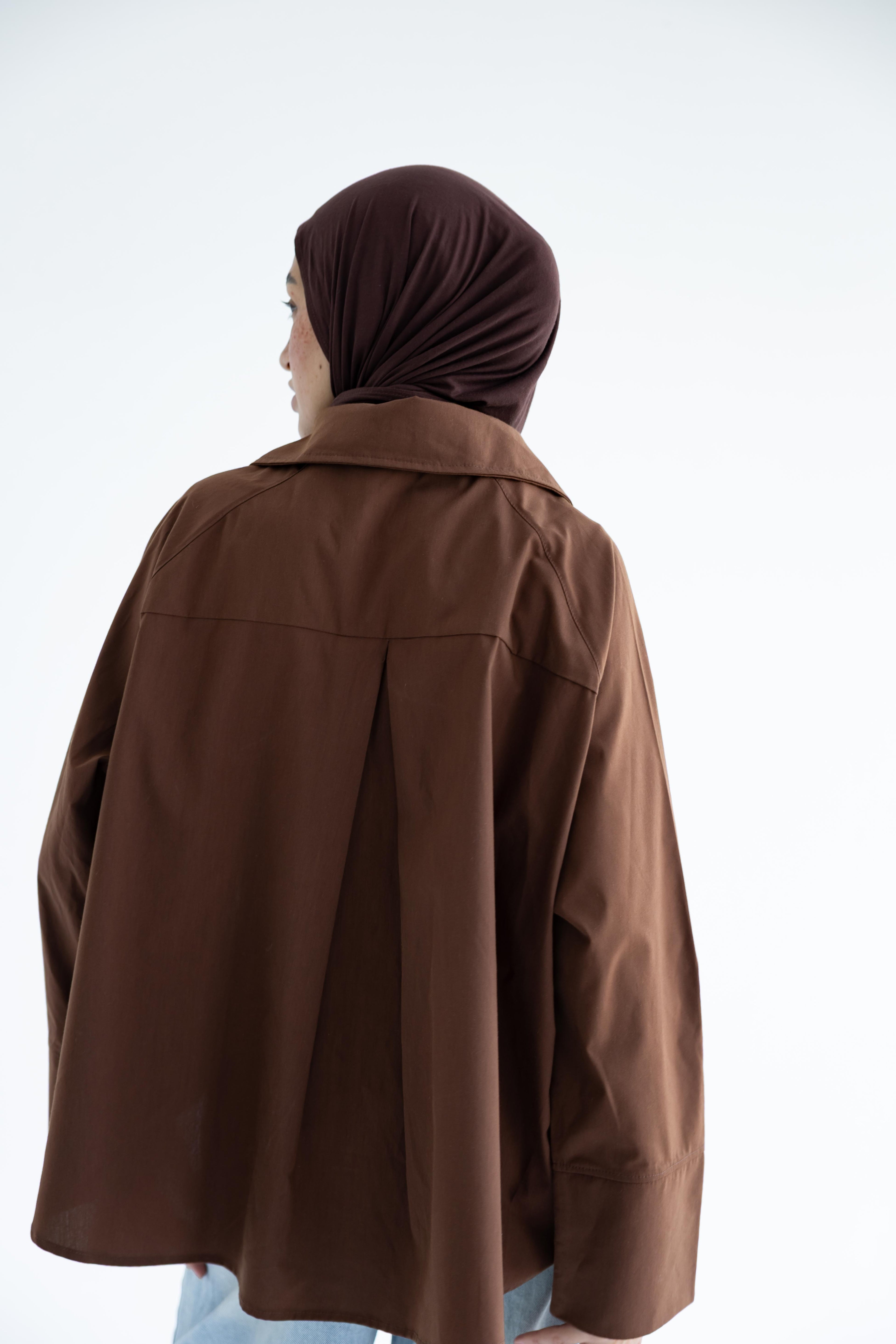 Oversized button-up shirt in cotton poplin – Chocolate brown