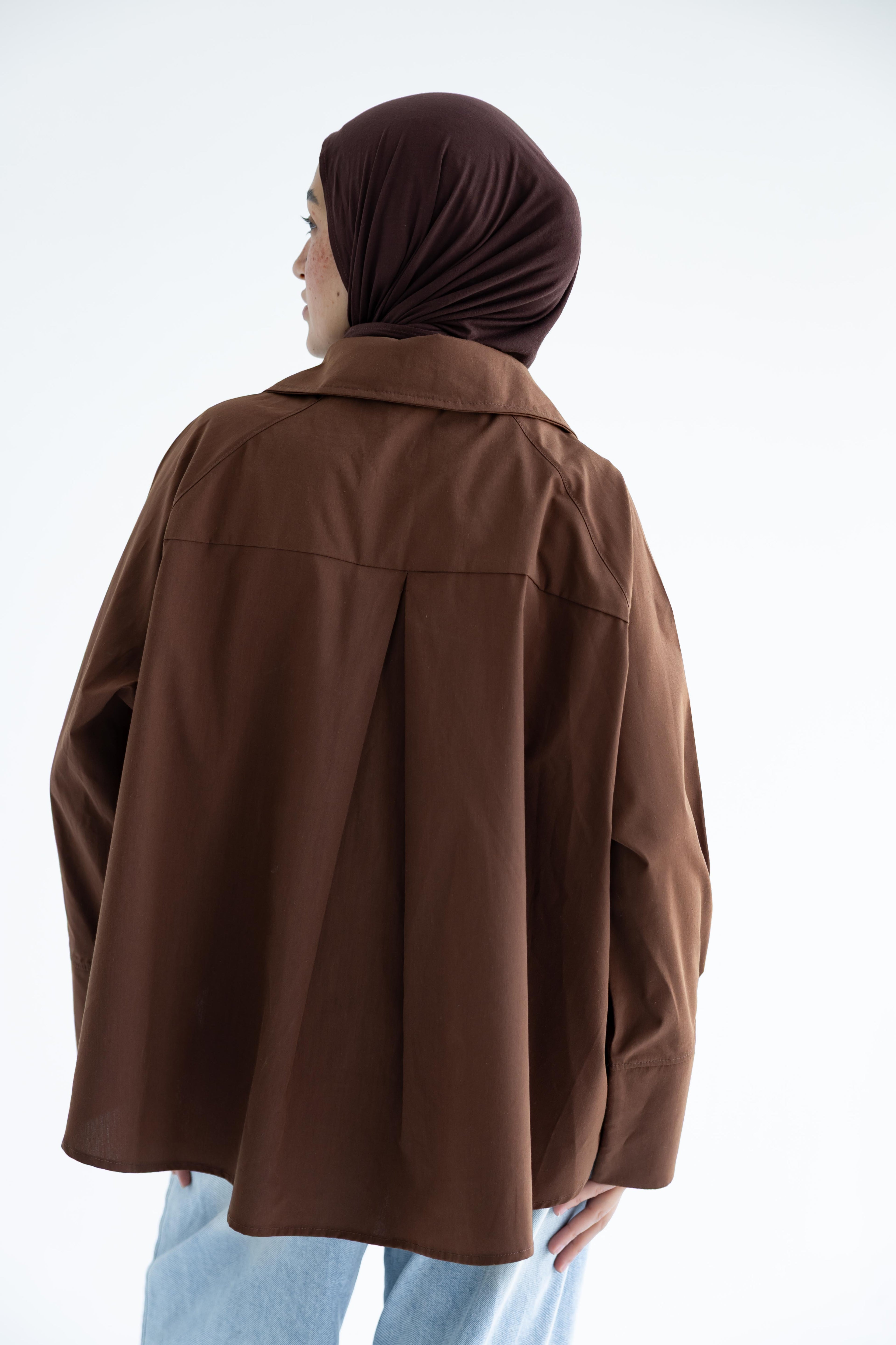Oversized button-up shirt in cotton poplin – Chocolate brown