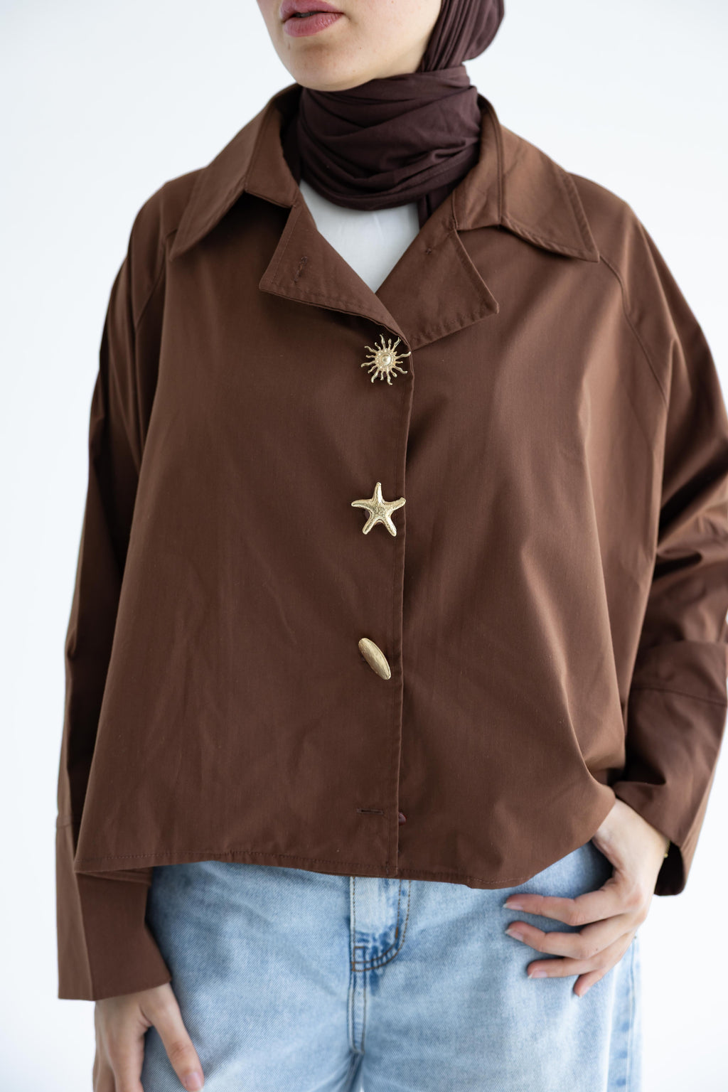 Oversized button-up shirt in cotton poplin – Chocolate brown