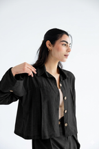 Cropped set in relaxed linen - Black
