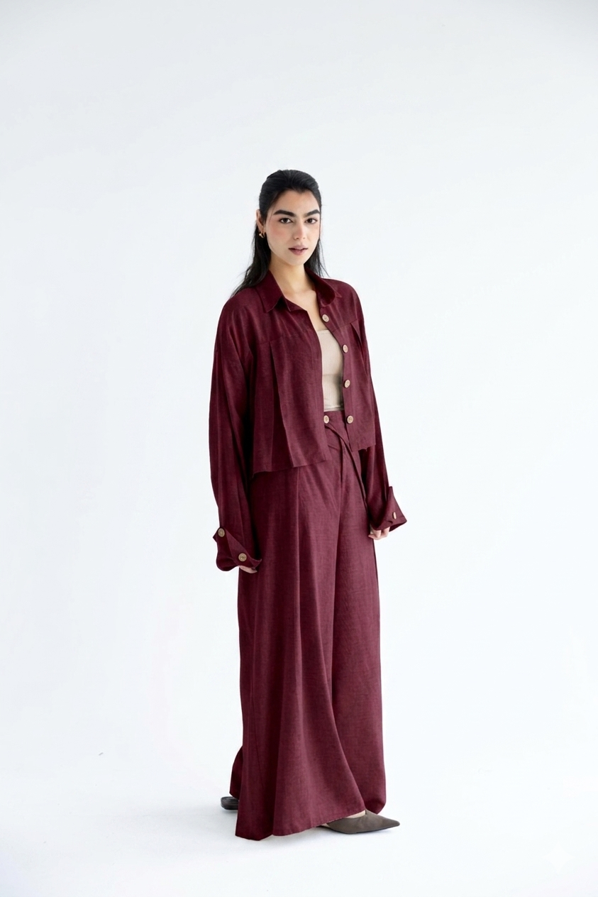 Cropped set in relaxed linen - Burgundy