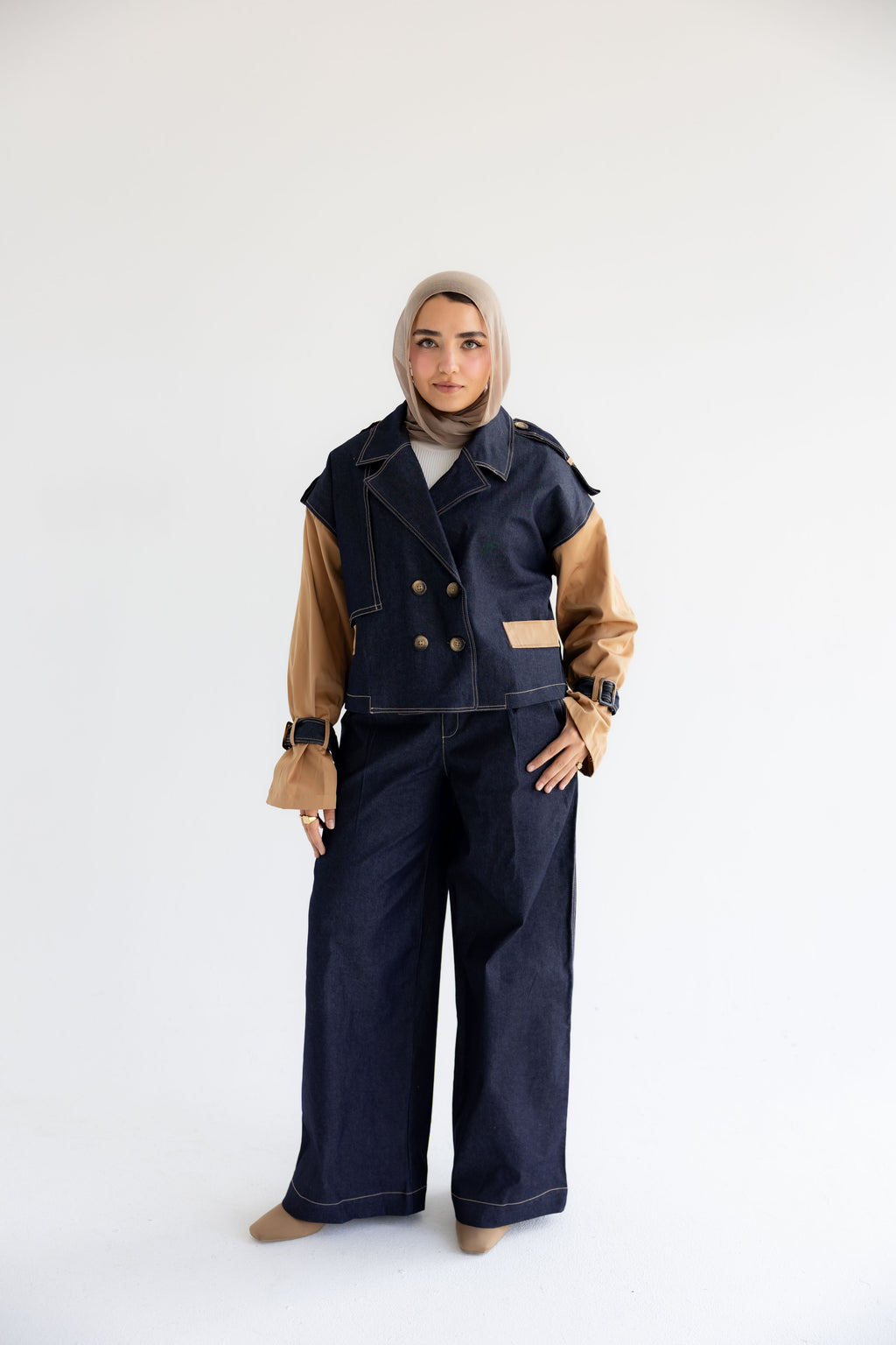 Denim Suit with Gabardine Sleeves