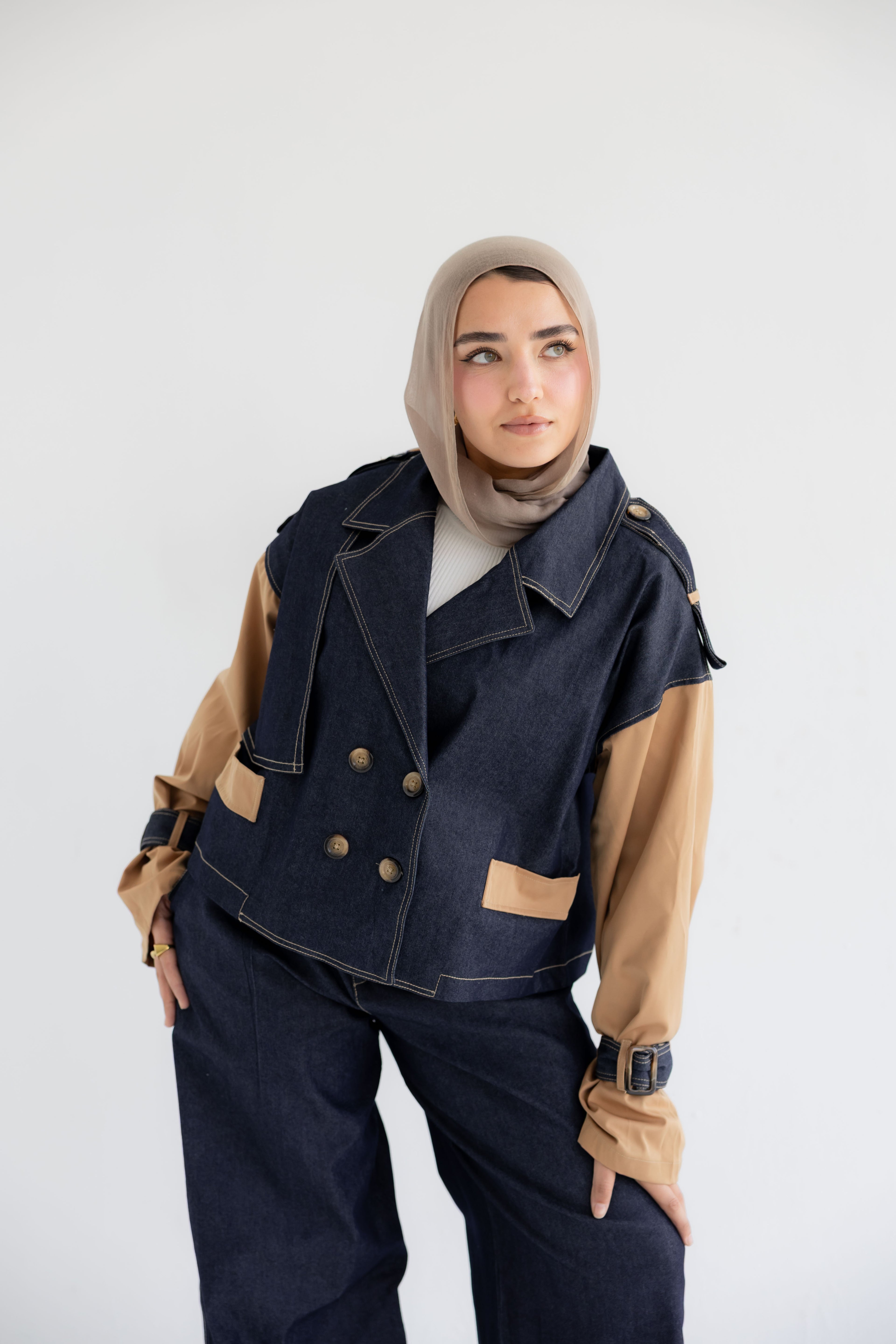 Denim Suit with Gabardine Sleeves