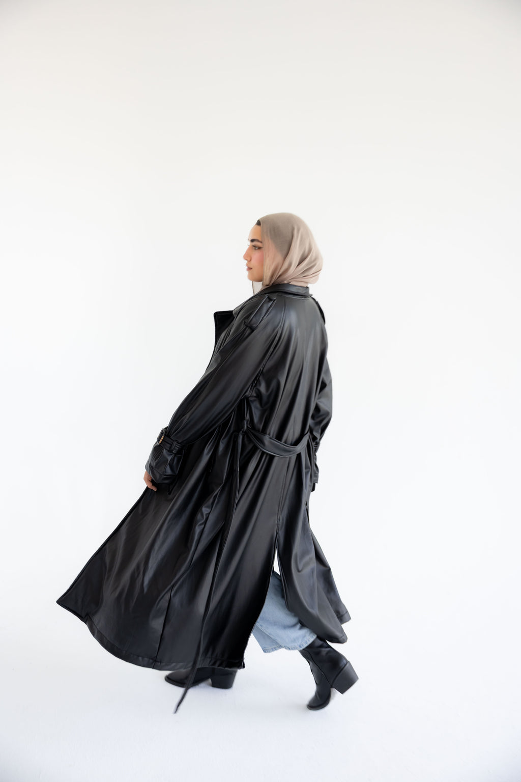 Long Leather Trench Coat - Black