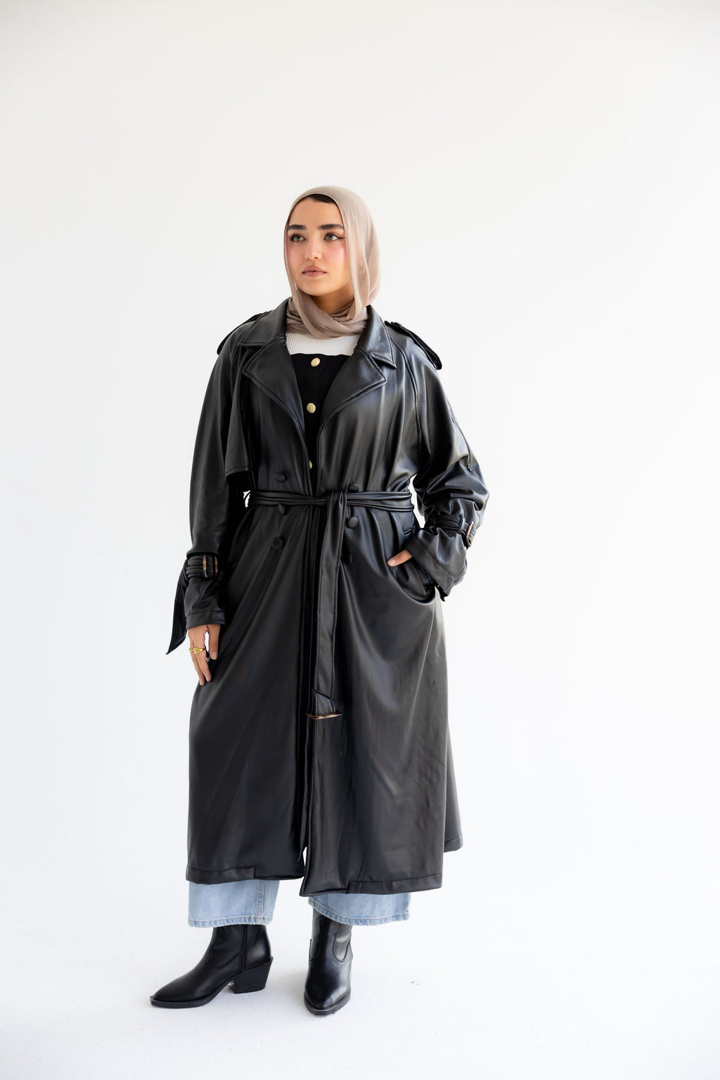 Long Leather Trench Coat - Black