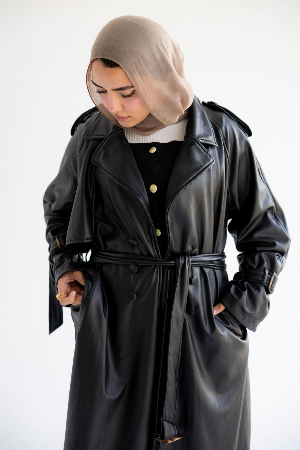 Long Leather Trench Coat - Black