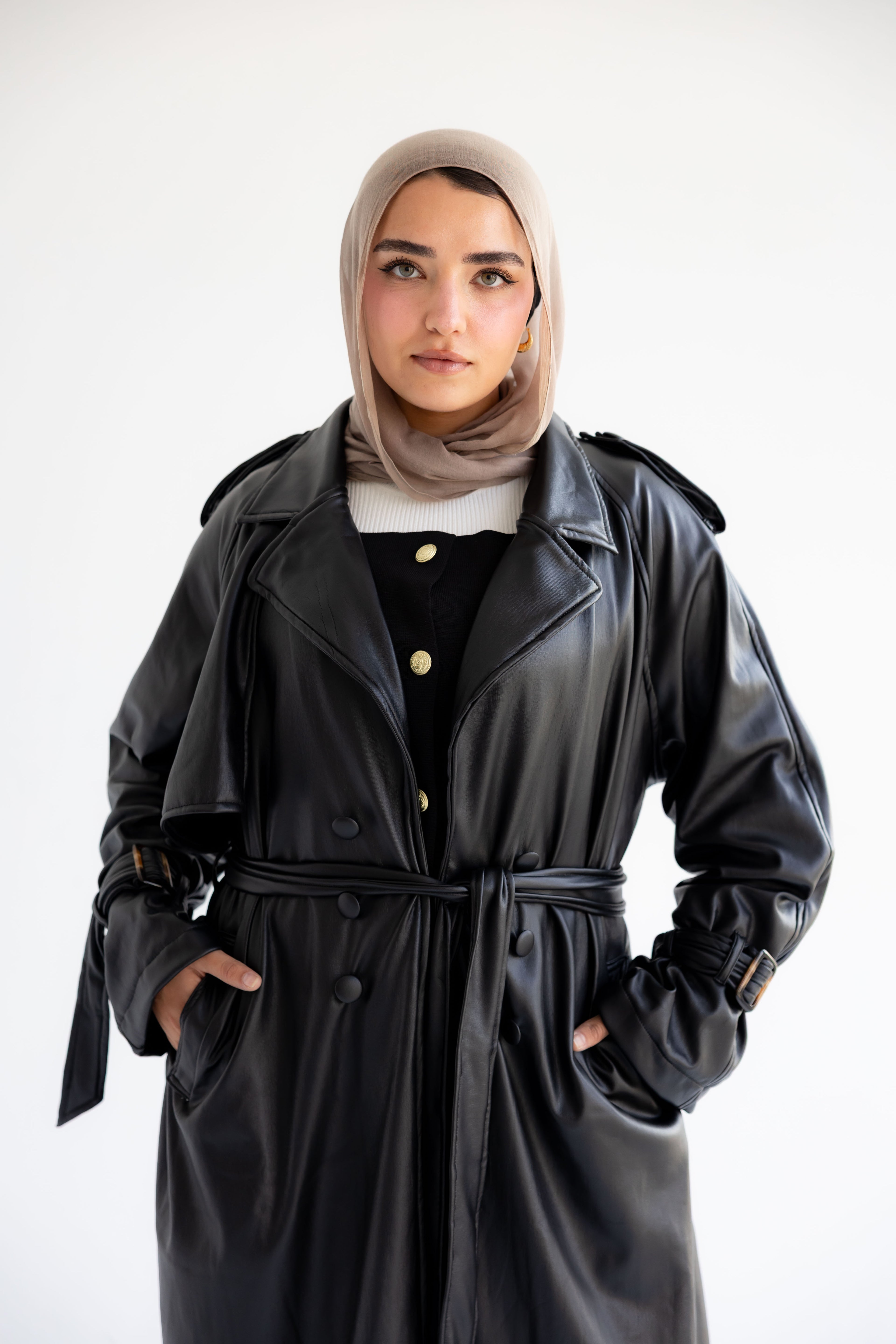 Long Leather Trench Coat - Black