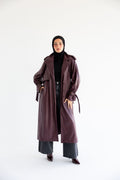 Long Leather Trench Coat - Burgundy