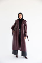Long Leather Trench Coat - Burgundy