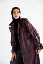 Long Leather Trench Coat - Burgundy