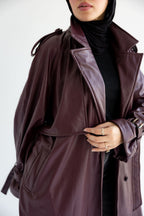 Long Leather Trench Coat - Burgundy