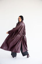 Long Leather Trench Coat - Burgundy