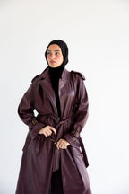 Long Leather Trench Coat - Burgundy
