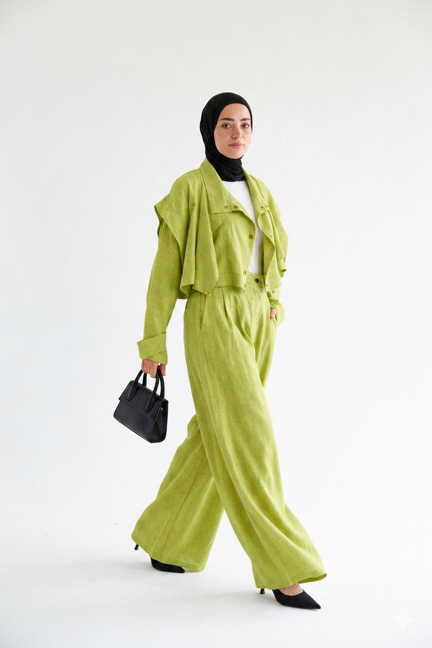 Layered modest set in linen blend – Kiwi