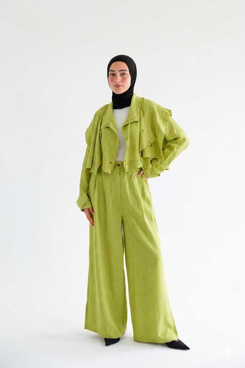 Layered modest set in linen blend – Kiwi