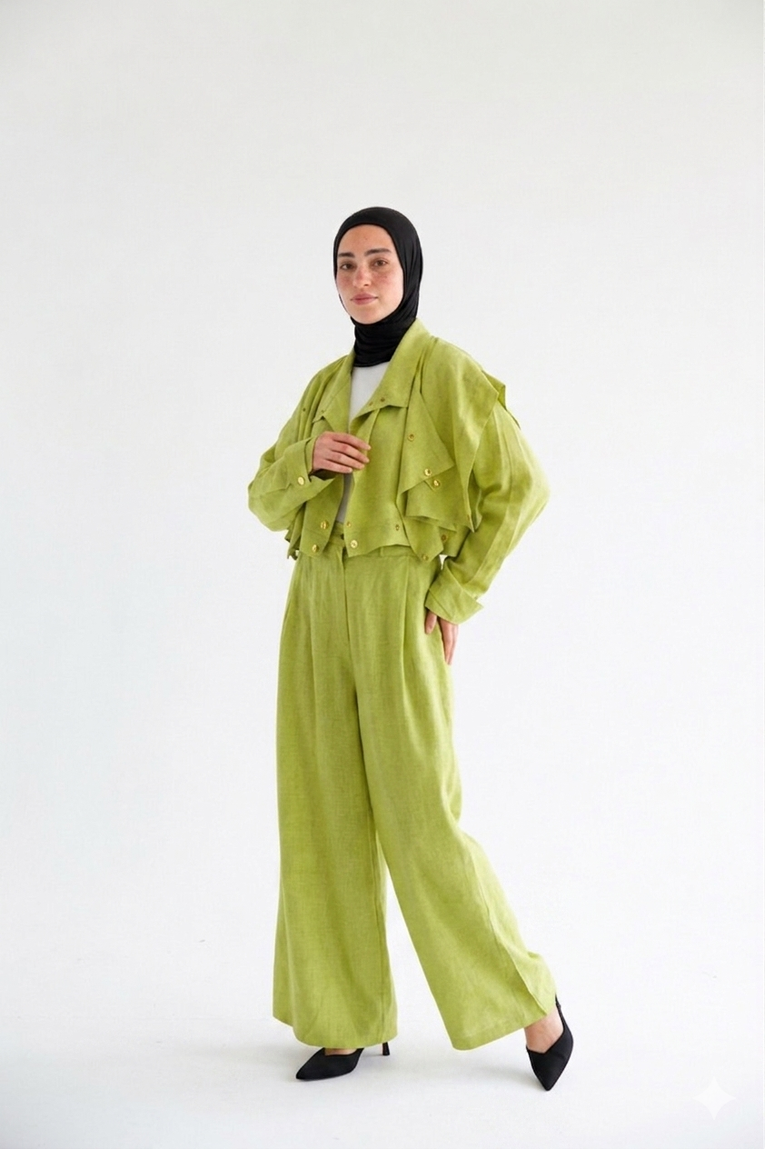 Layered modest set in linen blend – Kiwi