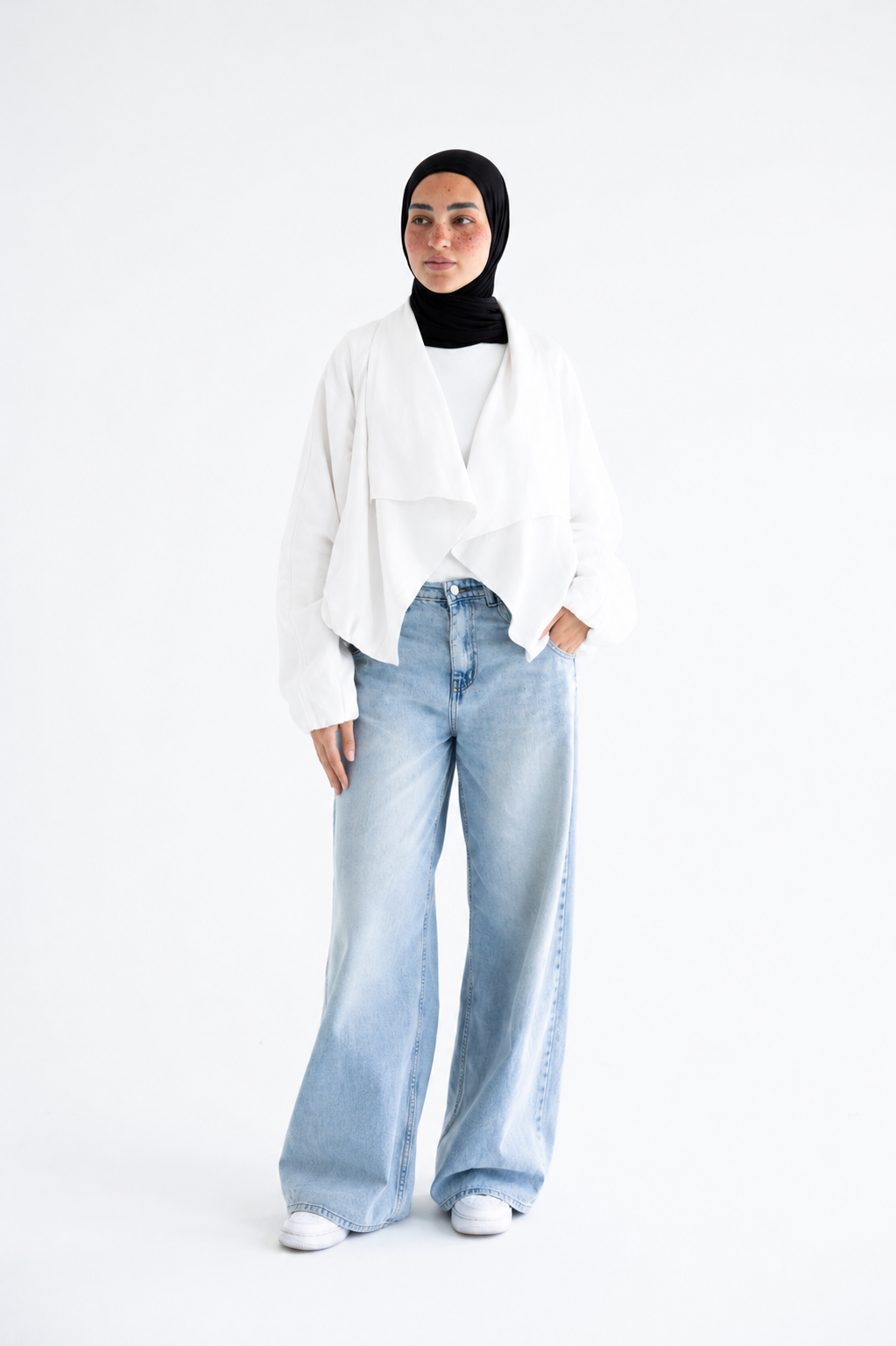 Draped open-front jacket in poplin - White