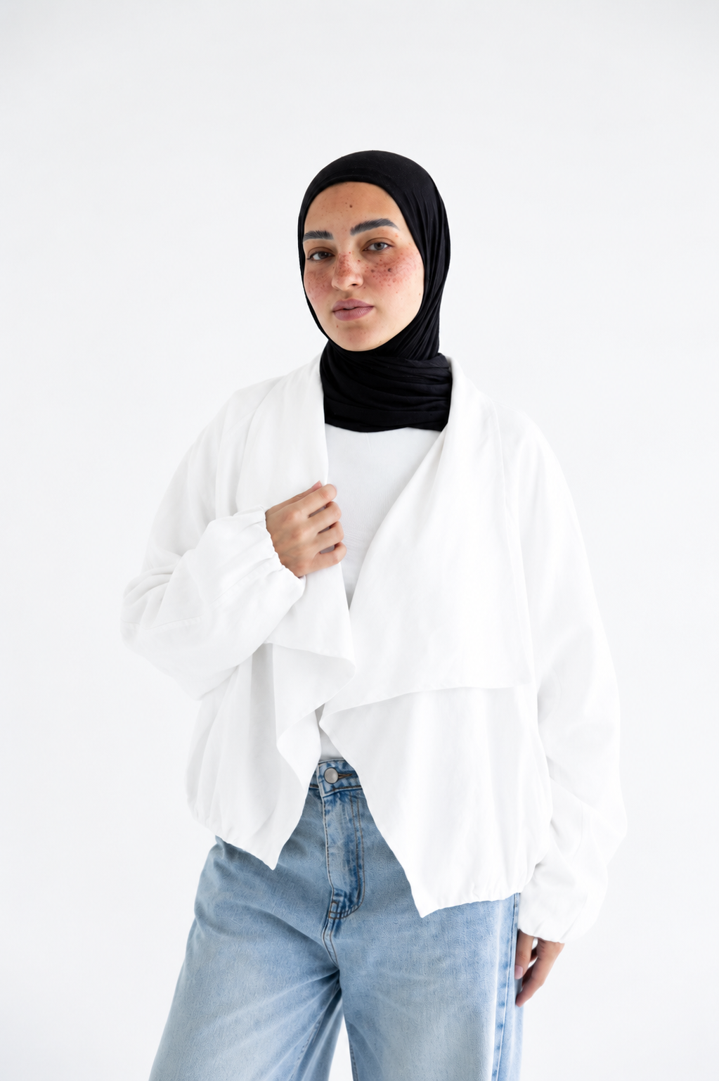 Draped open-front jacket in poplin - White