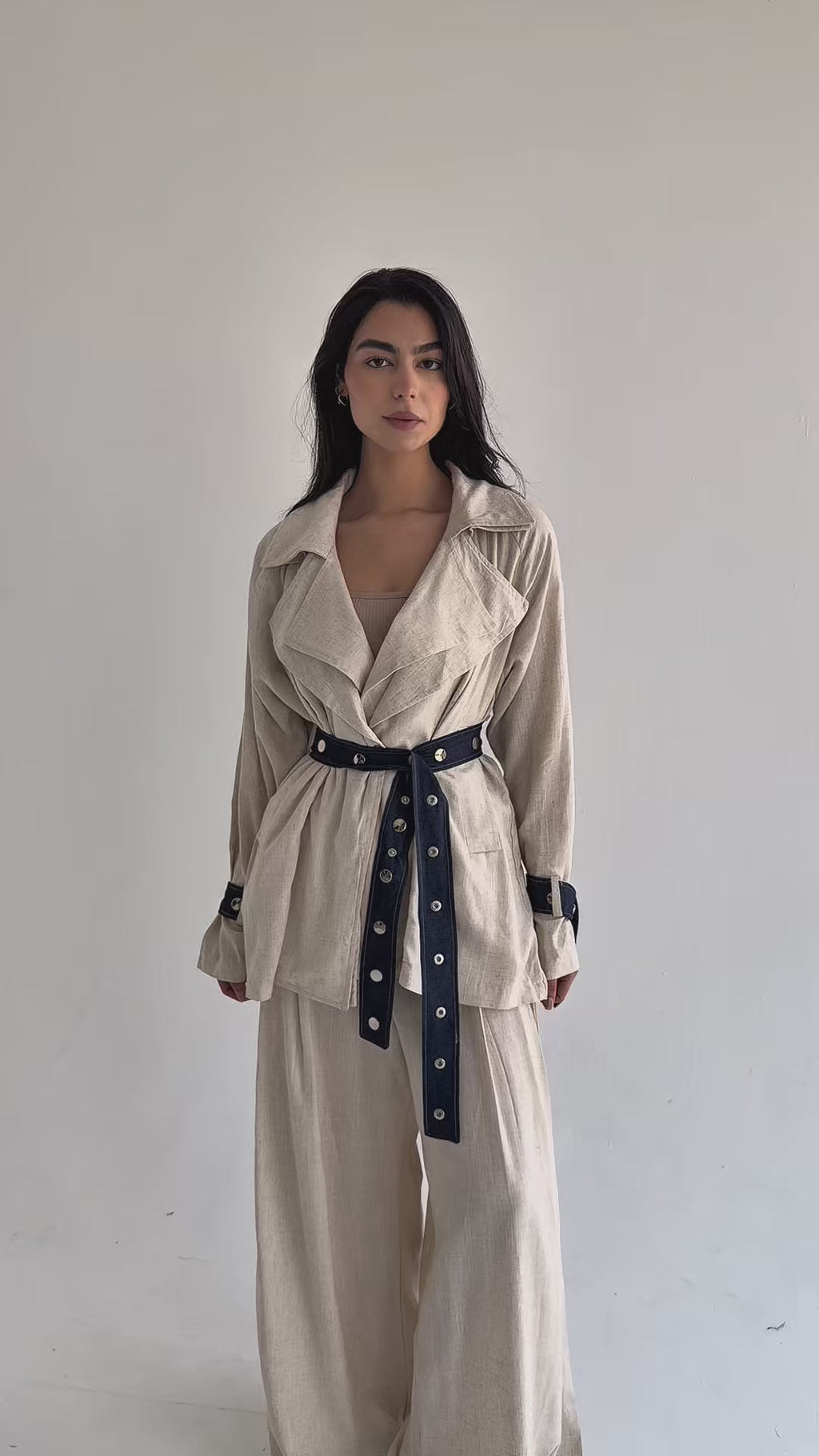 Linen & Denim Belted Set – Beige